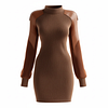 Women's Caramel Colored Stand Up Collar Patchwork Leather Sleeve Ribbed Knit Dress by Inlyline