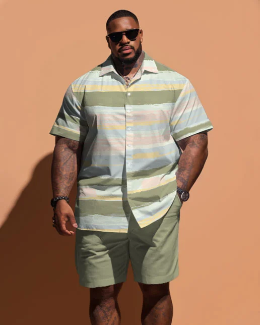 Men's Plus Size Fresh Striped Colorblock Short Sleeve Shirt Shorts Set