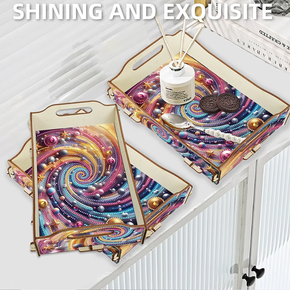5D DIY Vortex Diamond Painting Wooden Serving Tray with Handle for Coffee Table