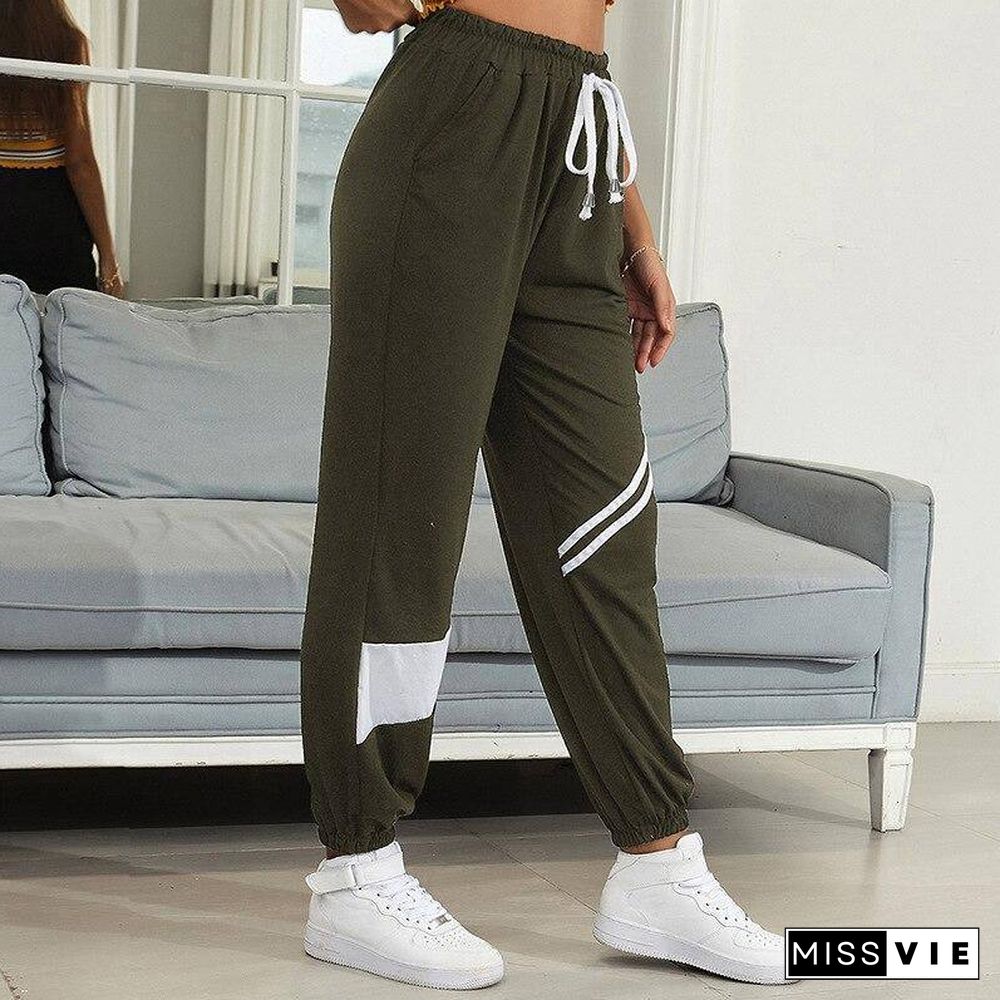 Autumn Striped Patchwork  SweatPants Women Trousers Soft Casual Home High Waist Pants For Women New Fashion