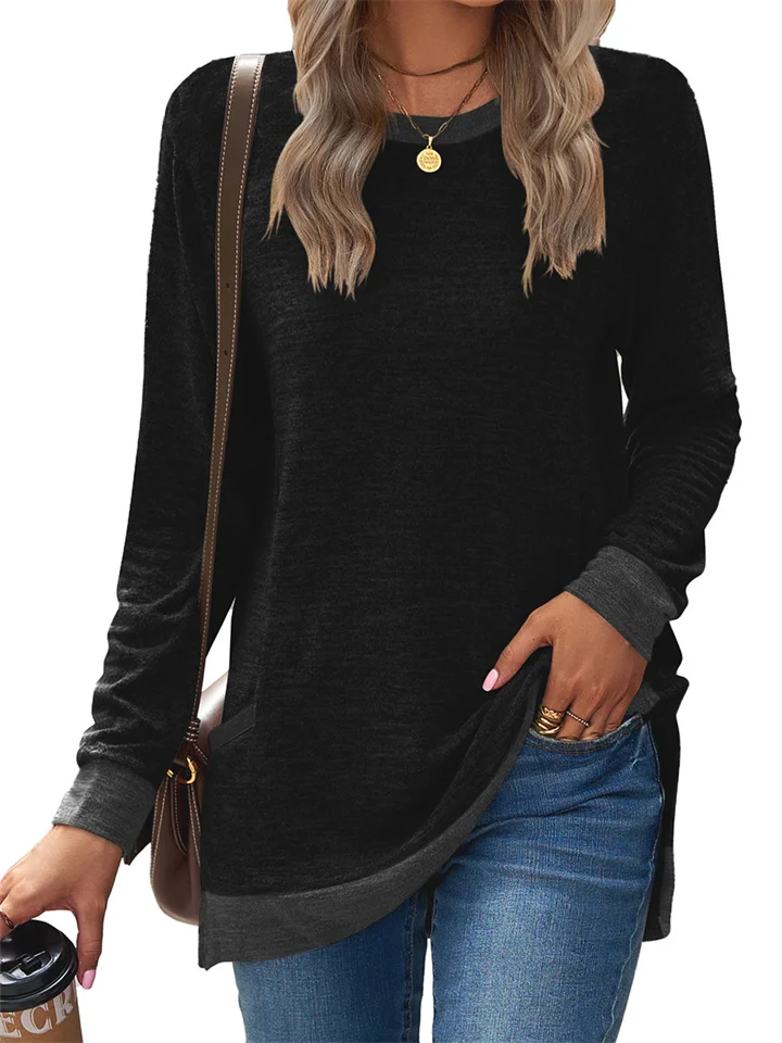 Urban Temperament Commuter Women's Round Neck Solid Color Colorblocking Pockets Long-sleeved Pullover Top Loose Casual T-shirt-Cosfine