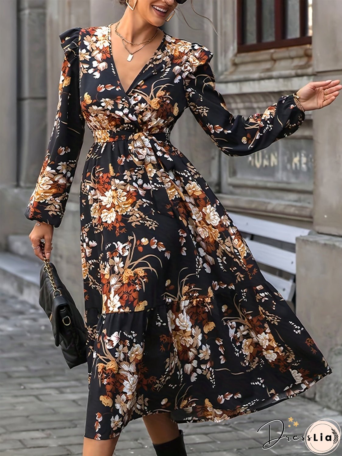 Ruffled Printed Surplice Long Sleeve Midi Dress