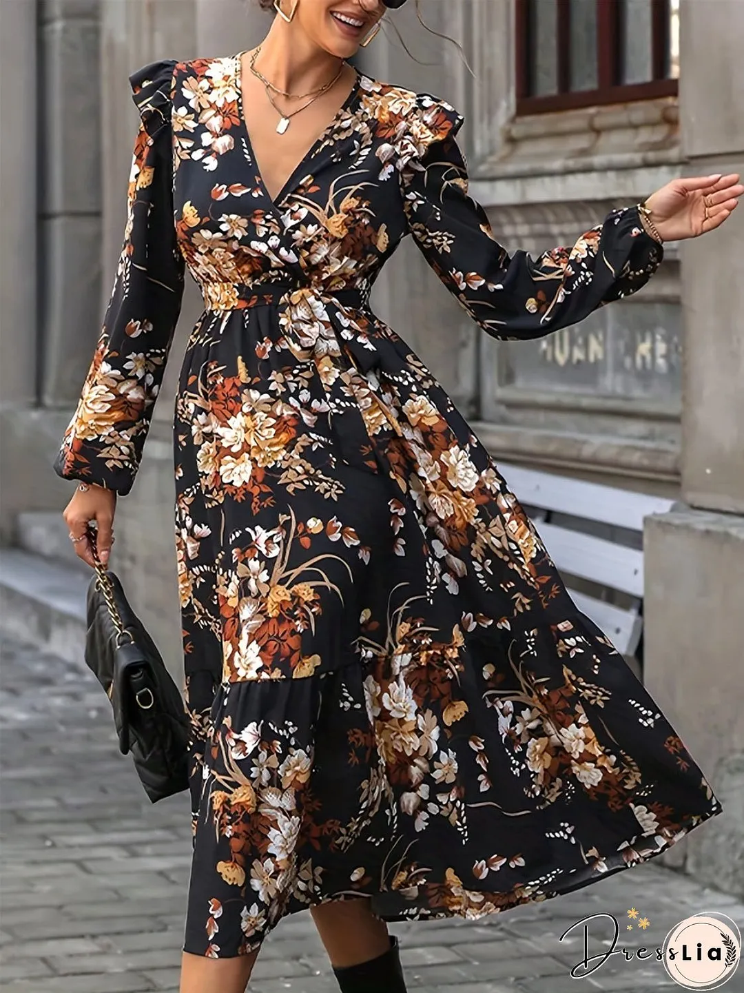 Ruffled Printed Surplice Long Sleeve Midi Dress