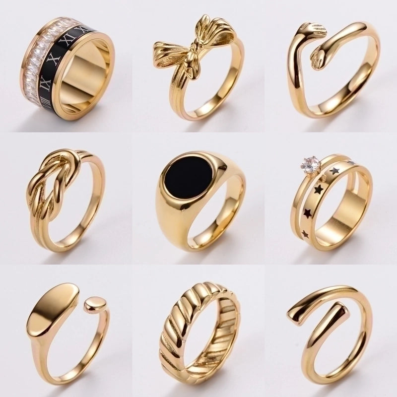 3 Pieces Stainless Steel 18K Gold Plated Fashion Inlay Hand Number Bow Knot Zircon Open Ring