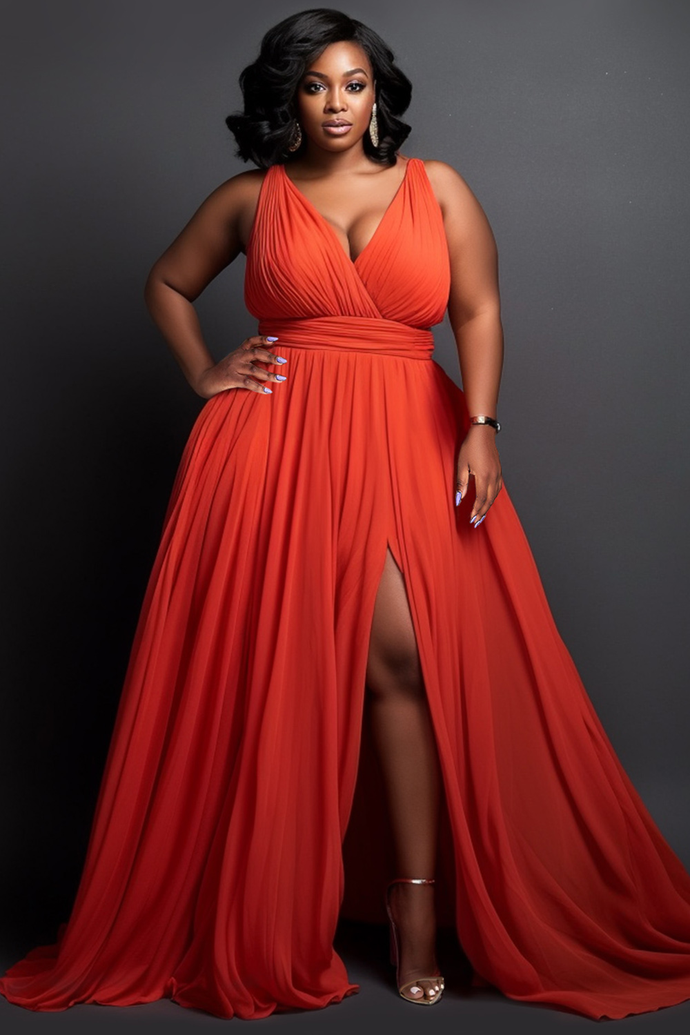 Xpluswear Design Plus Size Formal Red Elegant Wrap Neck Split Chiffon Maxi Dresses [Pre-Order]