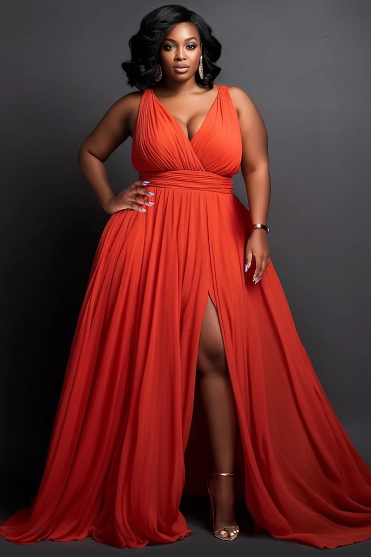 Xpluswear Design Plus Size Formal Red Elegant Wrap Neck Split Chiffon Maxi Dresses [Pre-Order]