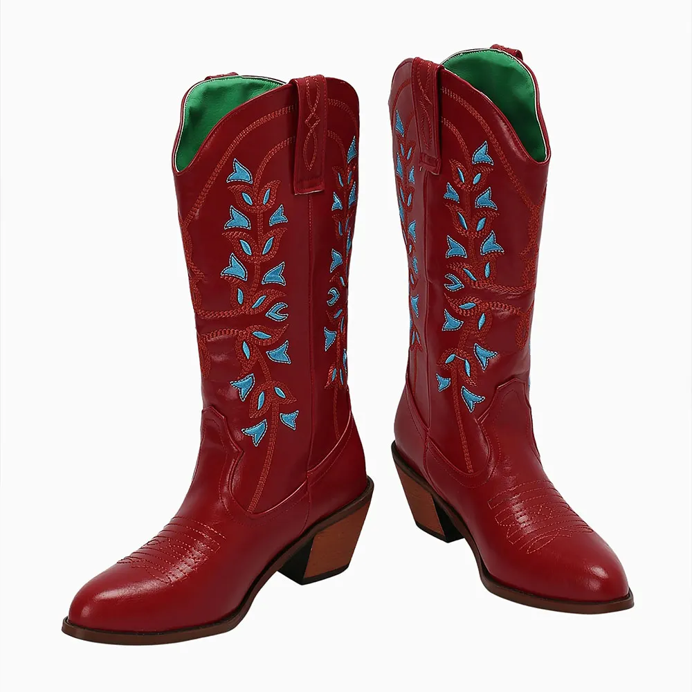 Maroon Round Toe Chunky Heel Embroidered Western Boots for Women