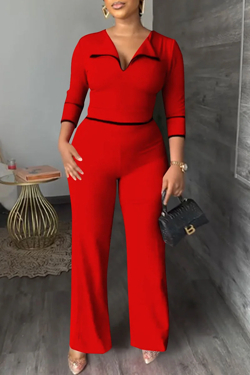 Red Fashion Casual Solid Patchwork Turndown Collar Regular Jumpsuits