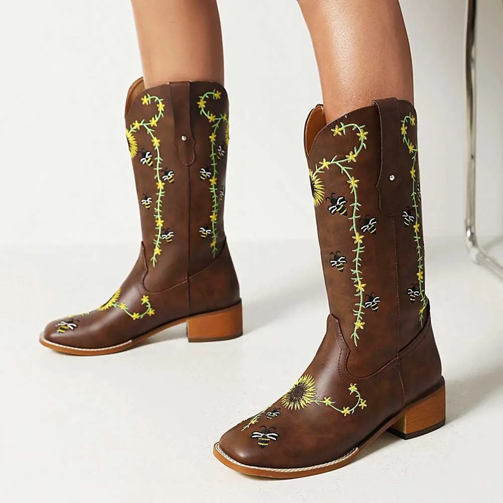 Brown Square Toe Mid Calf Sunflower Embroidered Cowgirl Boots 