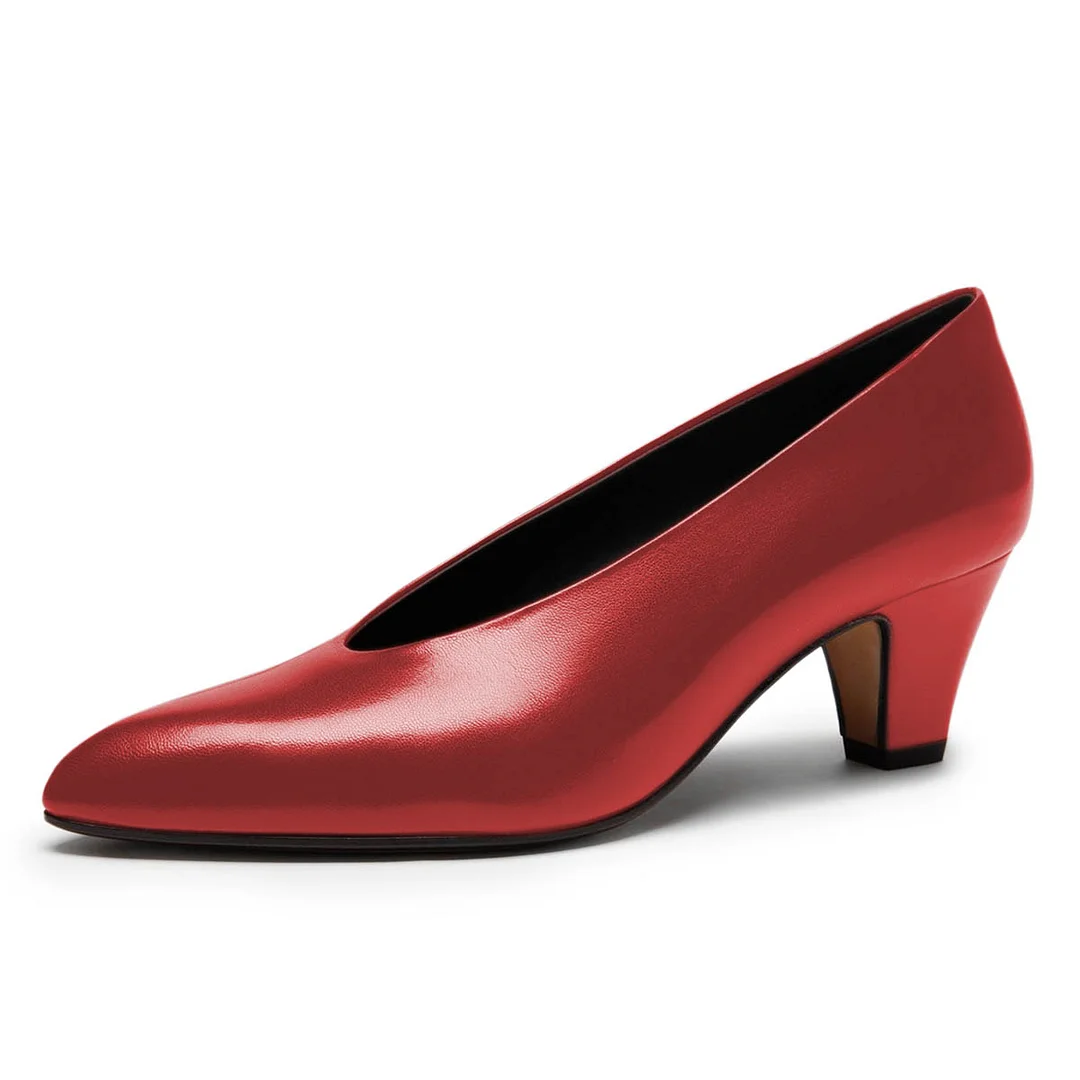 Vegan Leather Low Chunky Heel Pointed Toe Red Pumps for Women