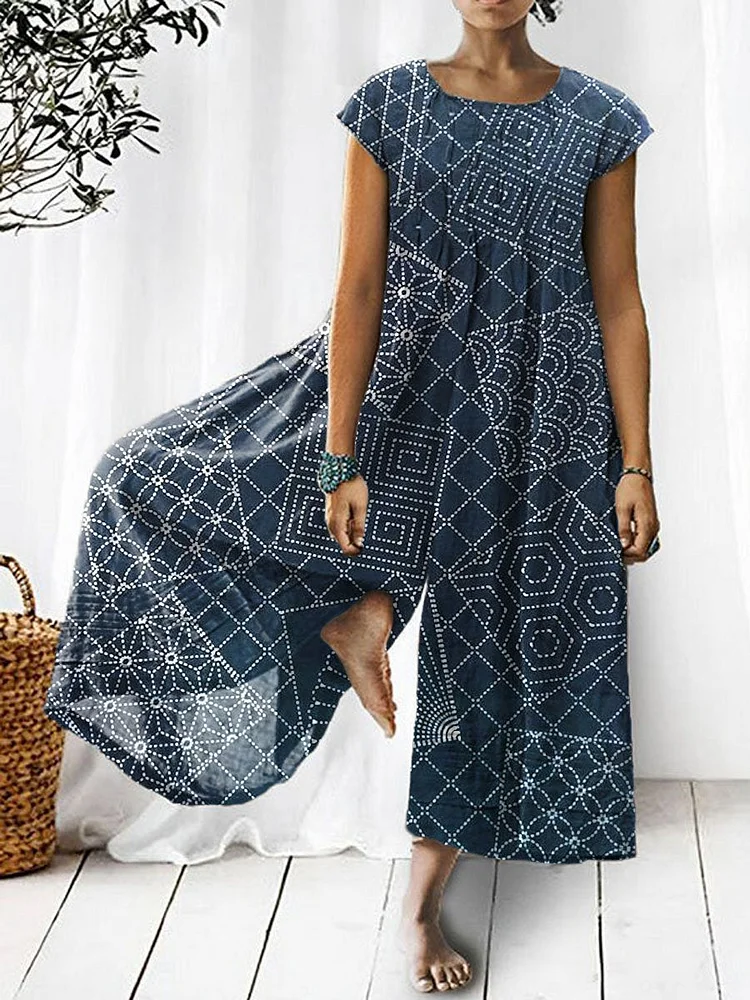 Women's Vintage Geometric Pattern Art Print Casual Denim Jumpsuit