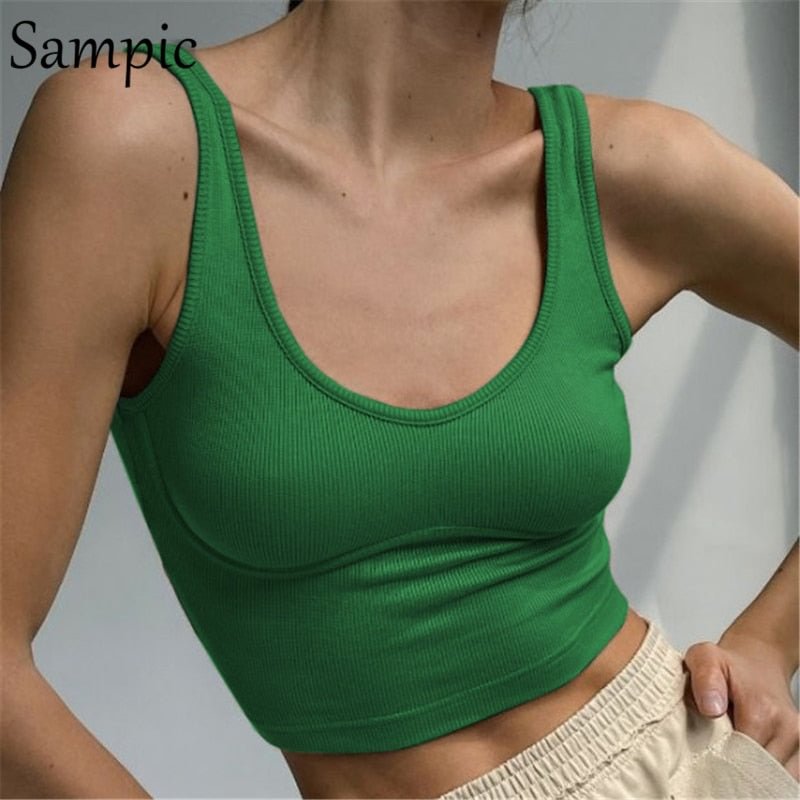 Sampic Green Knitted Summer Y2K 2021 Fashion Basic Skinny T Shirt Mini Vest Crop Tops Sexy Casual Ribber Off Shoulder Tank Tops