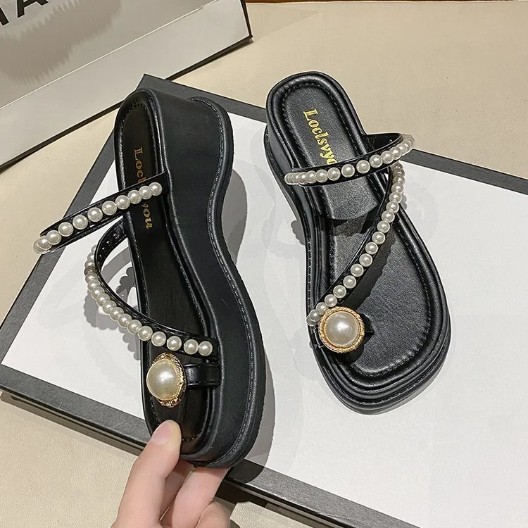 Tanguoant Tanguoant Summer New Korean Edition Bead Set Toe Slope With Cool Drag Fashion Sweet Platform Slippers Women's Shoes