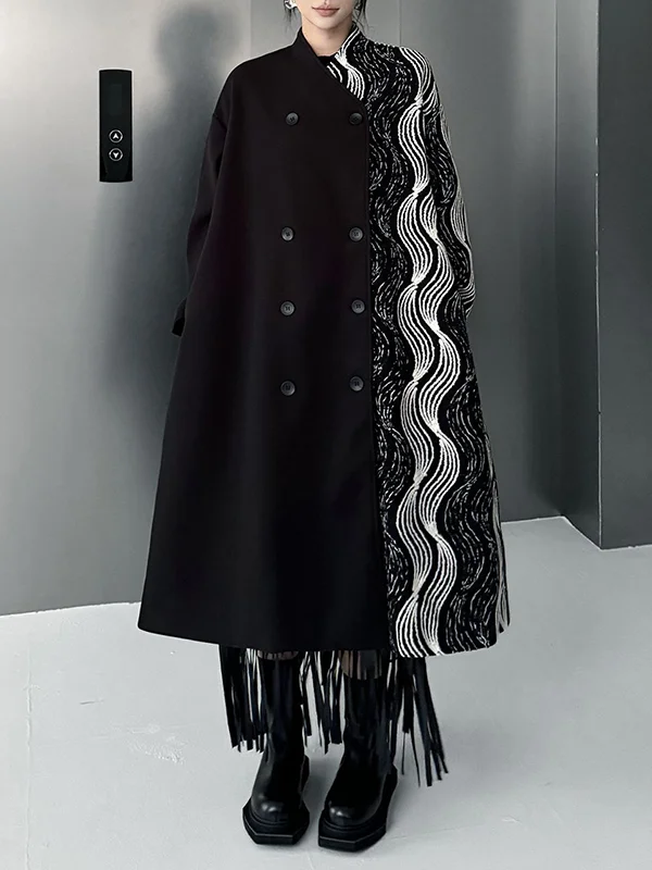 Buttoned Contrast Color Pockets Long Sleeves Loose Stand Collar Woolen Coat