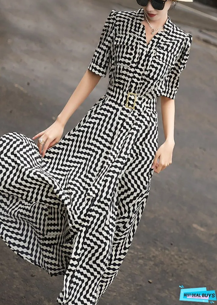 Women Black Striped Tie Waist Chiffon Dresses Summer
