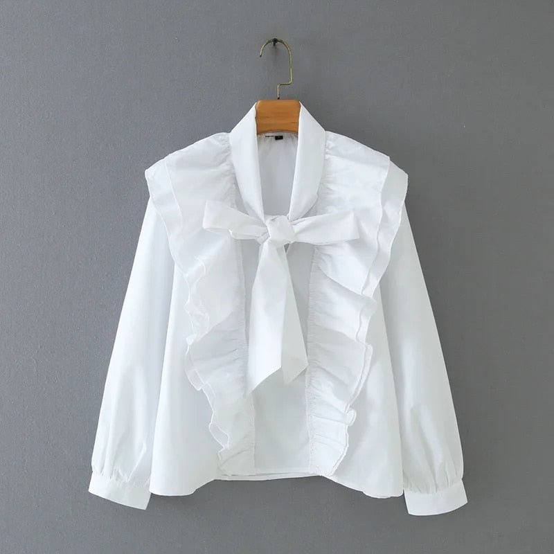 Women Cascading Ruffle V-Neck Bow Tie White Shirt Smock Femme Long Sleeve Blouse Casual Lady Loose Tops Blusas S8089