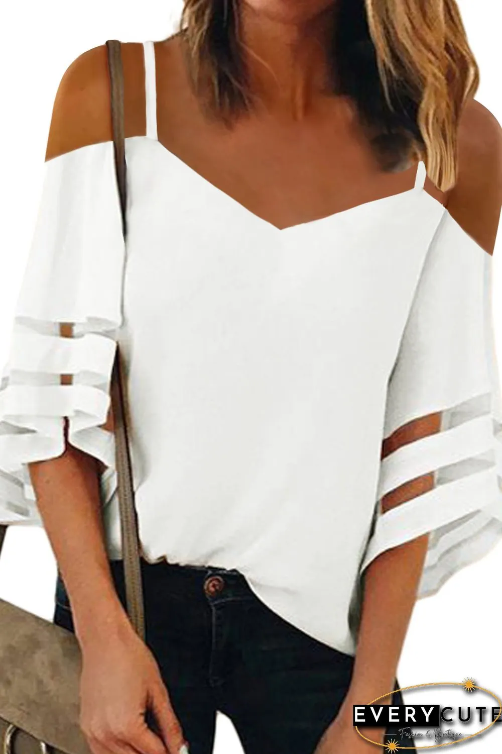 White Spaghetti Straps Cold Shoulder Mesh Insert Bell Sleeve Blouse