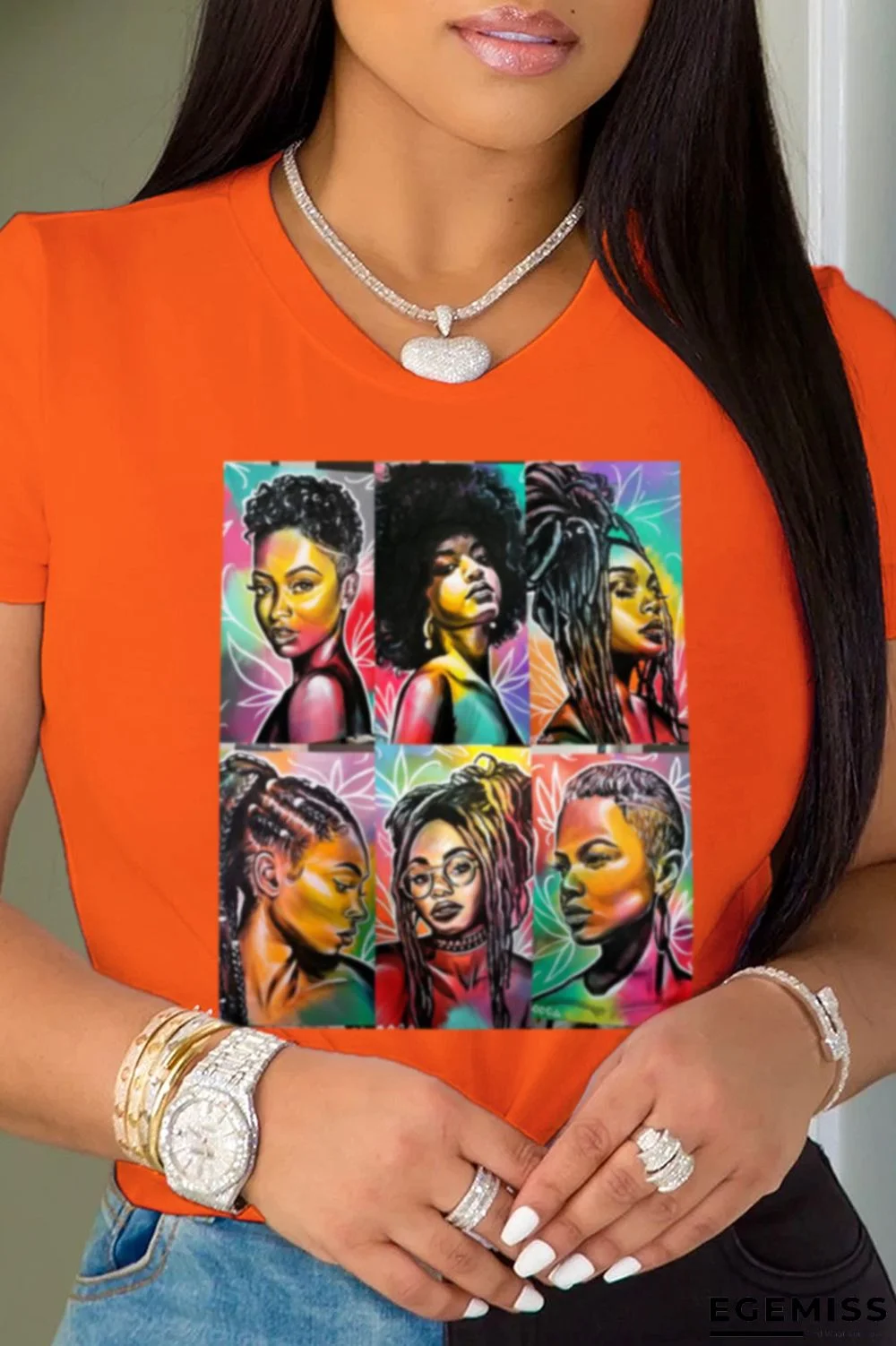 Orange Fashion Vintage Print Patchwork O Neck T-Shirts | EGEMISS