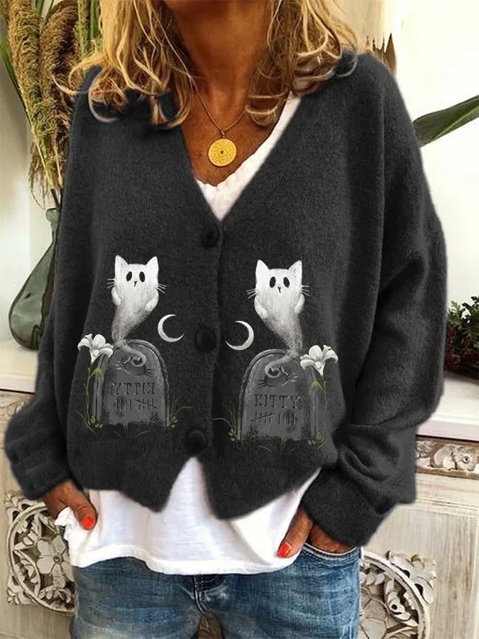 Women's Halloween Print Loose Button Flannel Cardigan