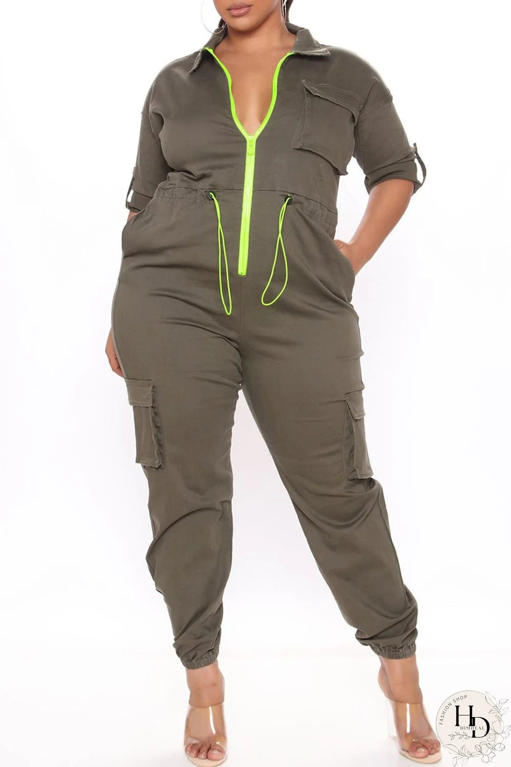 Army Green Fashion Casual Solid Patchwork Zipper Collar Plus Size Jumpsuits