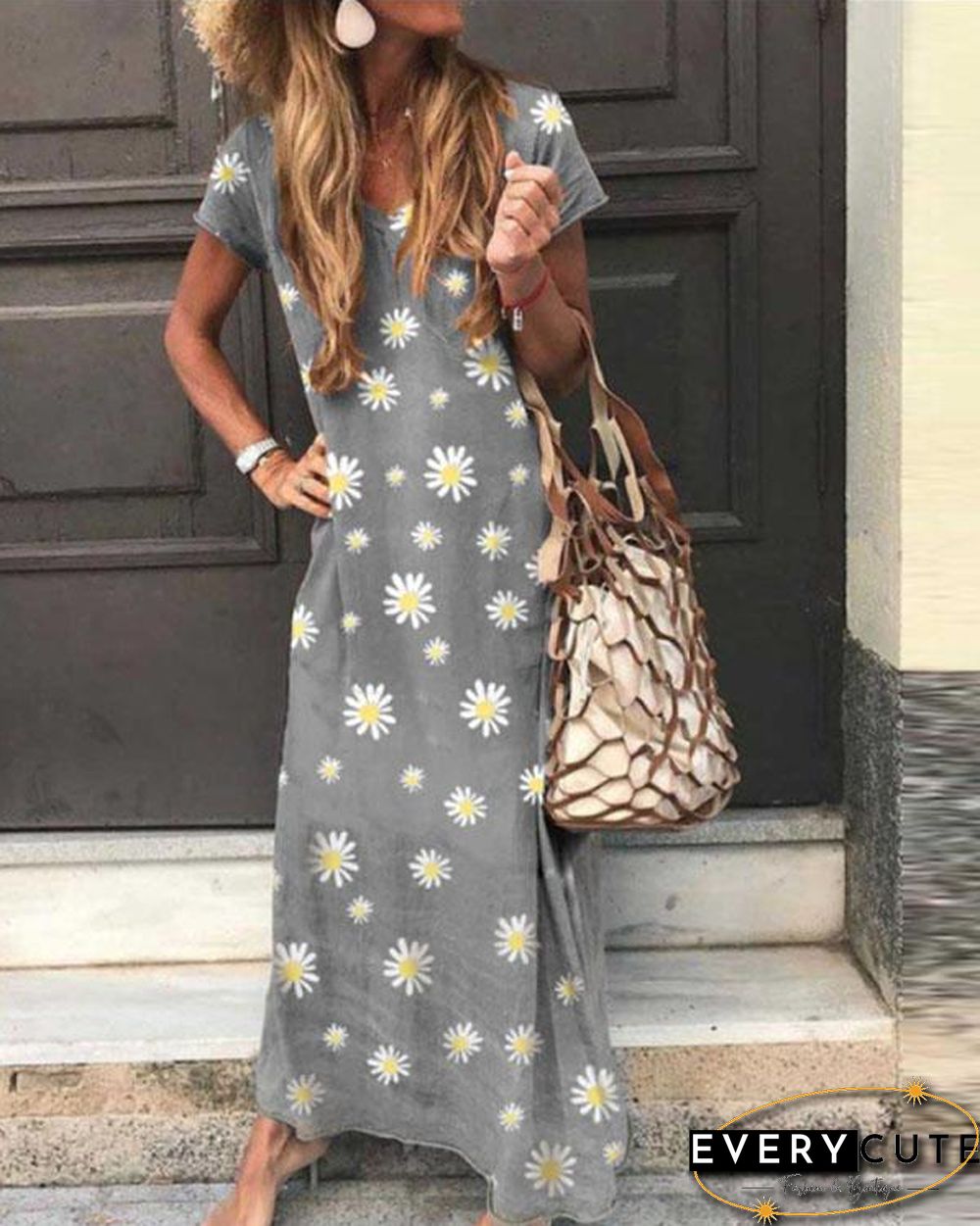 Floral V Neck Casual Short Sleeve Maxi Dresses