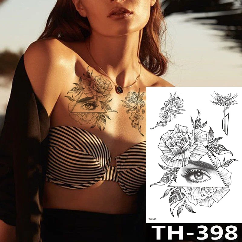 Rose Peony Flower Girls Temporary Tattoos For Women Waterproof Black Tattoo Stickers 3D Blossom Lady Shoulder DIY Tatoos
