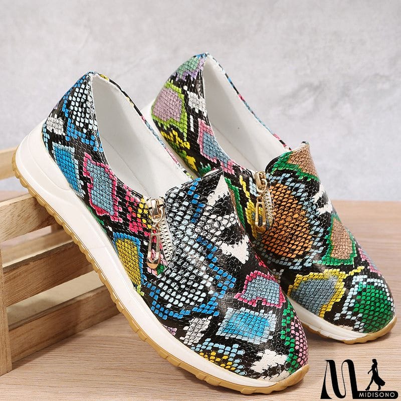MidiSono - Distinctive Multi-color Snake Pattern Thick Heels Female Loafers