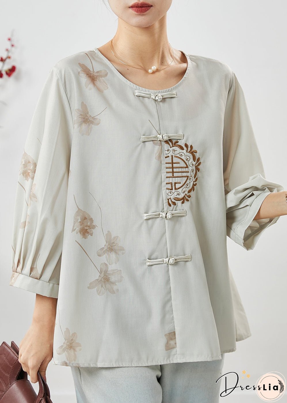 Retro Grey Embroidered Chinese Button Linen Top Summer