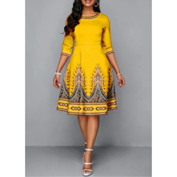 Yellow Patchwork Striped Half Sleeve Round Neck Dress