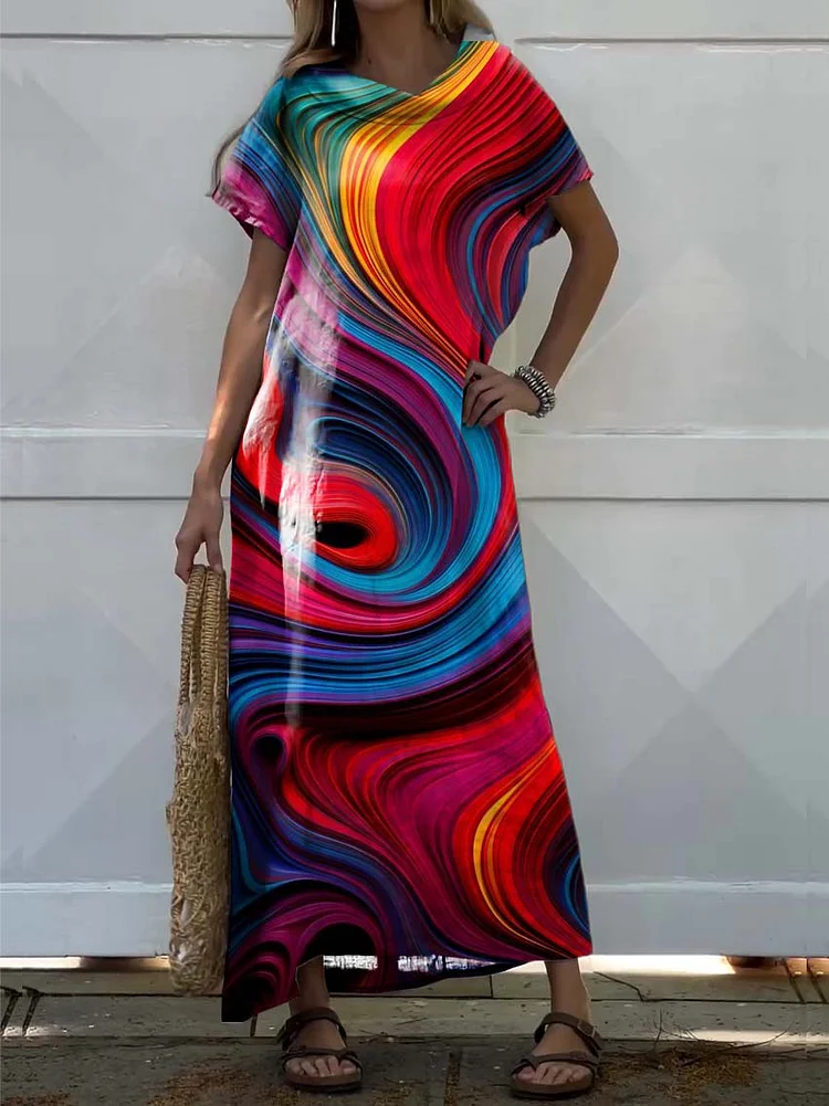 Women's Rainbow Stripe Print Linen Dress