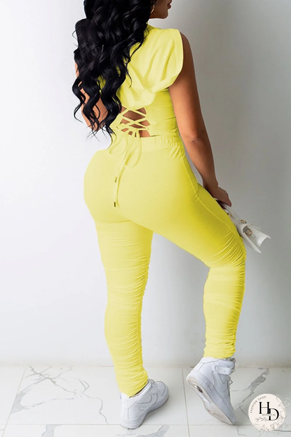 Yellow Fashion Sexy Solid Strap Design Hooded Collar Sleeveless Two Pieces