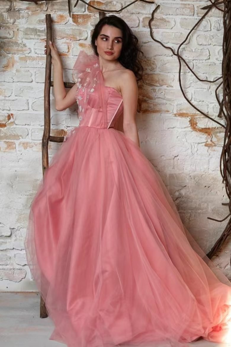 Elegant One Shoulder Sleeveless Prom Dress With Tulle Appliques |Ballbellas Ballbellas