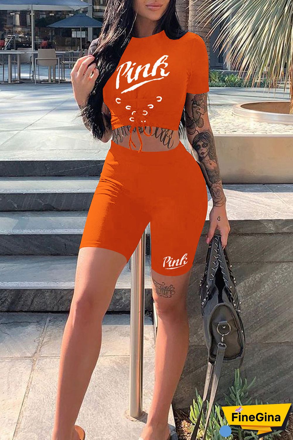 Black Casual Sportswear Print Bandage Patchwork O Neck Short Sleeve Two Pieces