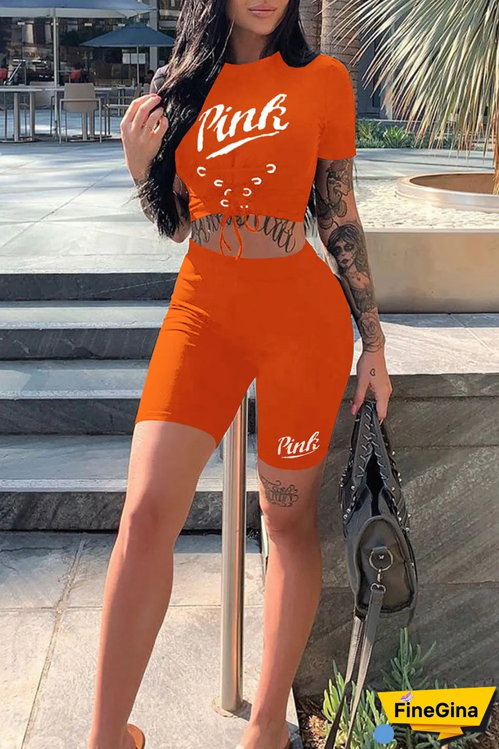 Black Casual Sportswear Print Bandage Patchwork O Neck Short Sleeve Two Pieces