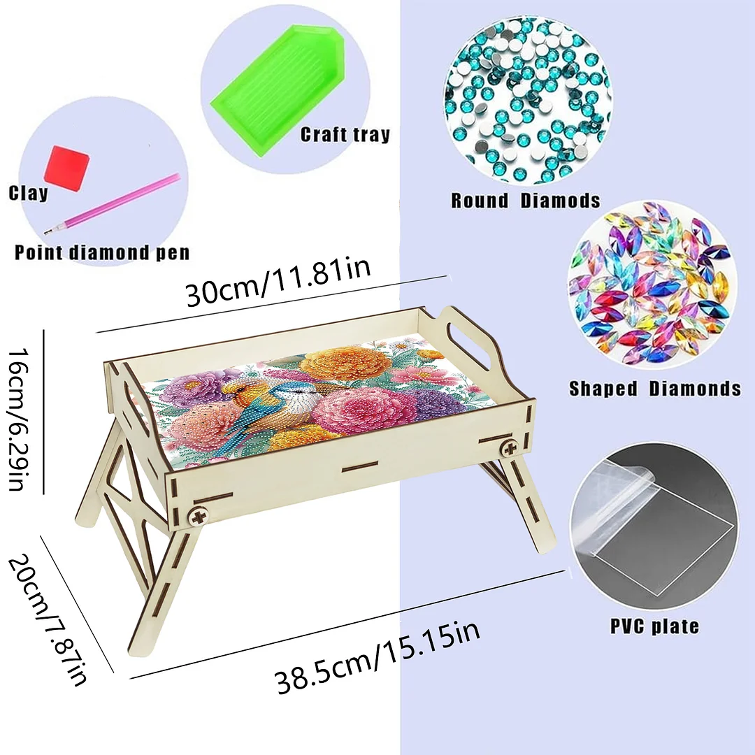 5D DIY Flower-Bird Diamond Painting Serving Tray with Handle for Coffee Table