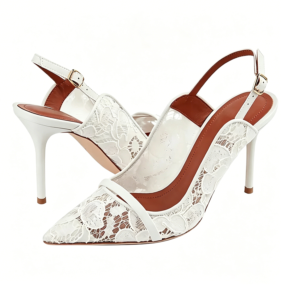 White Lace Bridal Slingback Sandals Luxury Women Leather-trimmed Pointy High Heels Shoes Summer Ladies Nude Patchwork Sandals  highheelher