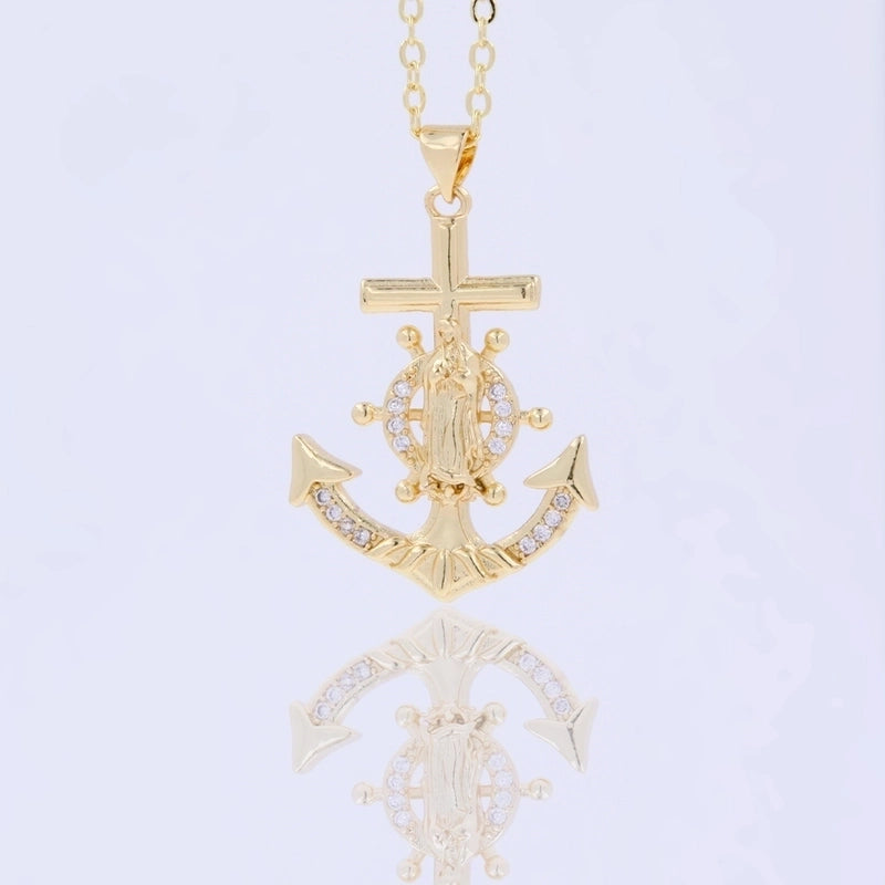 Copper 18K Gold Plated Marine Style Inlay Anchor Zircon Pendant Necklace