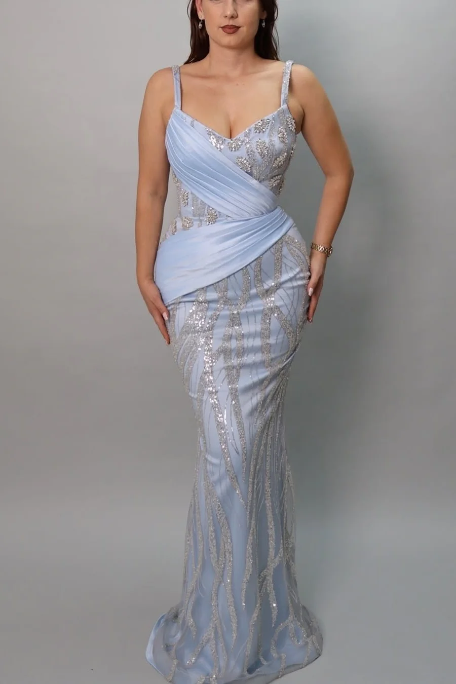 Daisda Sleeveless Spaghetti Straps V-Neck Mermaid Beads Prom Dress