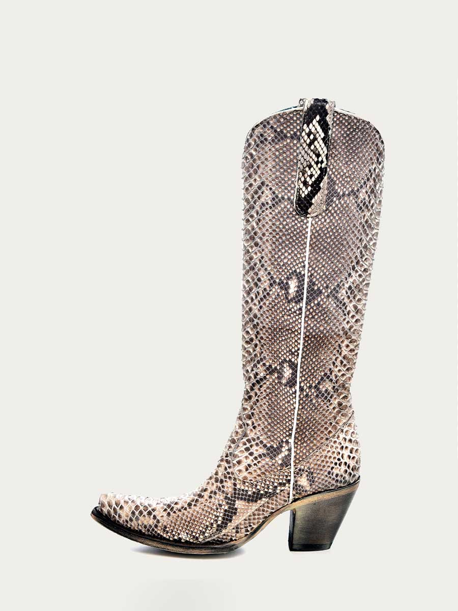 Gray Snip Toe Python Chunky Heel Wide Calf Knee-High Cowgirl Boots for Women