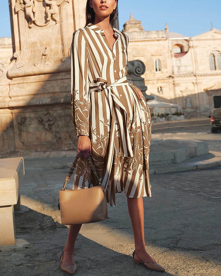 Trendy Stripe Tie Shirt Dress