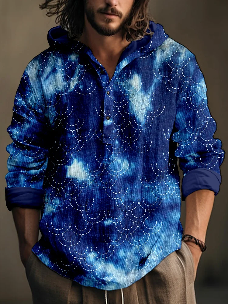 Japanese Sashiko Art Linen Blend Hooded Shirt
