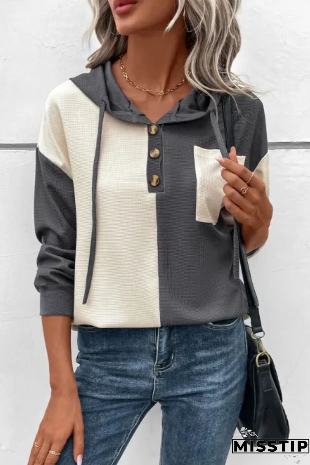 Waffle-Knit Two-Tone Long Sleeve Hoodie