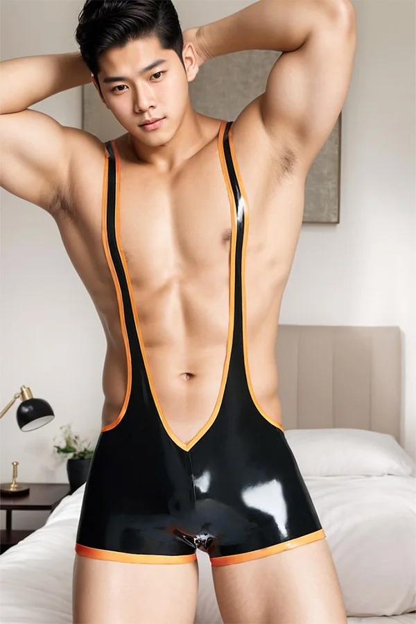 Men's Black & Orange Latex Bodysuits Male V Plunge Wrestling Suit Sports Style Series Bodysuits
