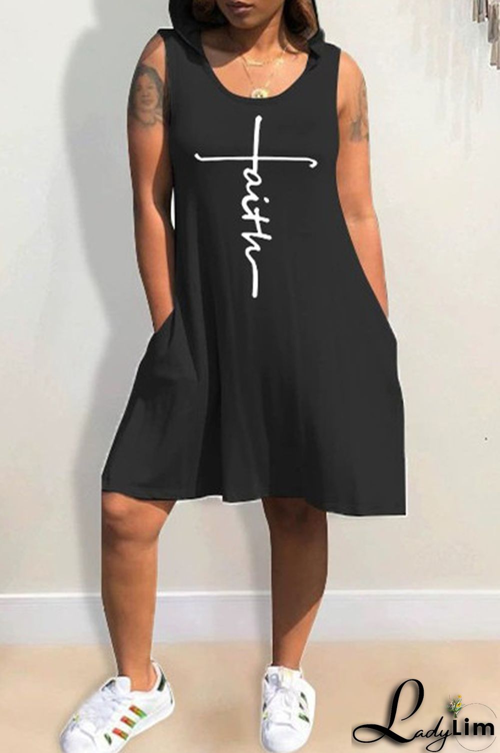 Light Blue Fashion Casual Print Basic Hooded Collar Sleeveless Dress Dresses