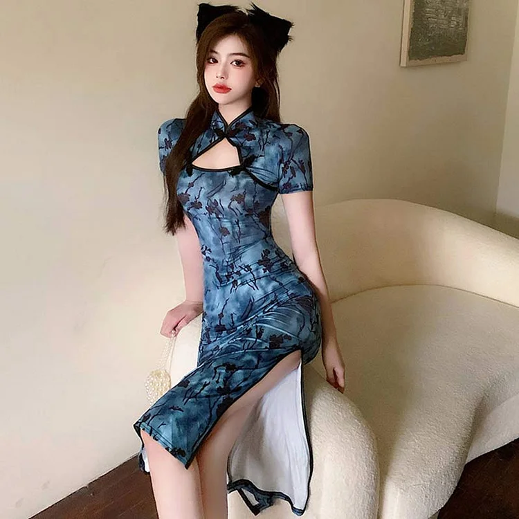 Vintage Print Hollow Out Split Cheongsam Dress - Modakawa Modakawa