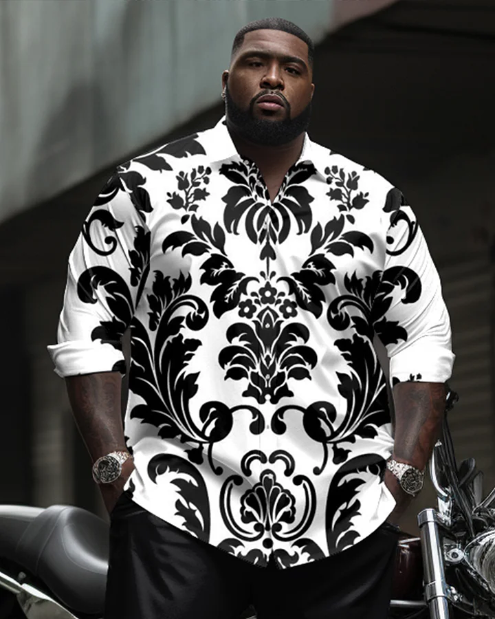 Men's Plus Size Monochrome Vintage Court Pattern Long Sleeve Lapel Shirt 2-piece Set