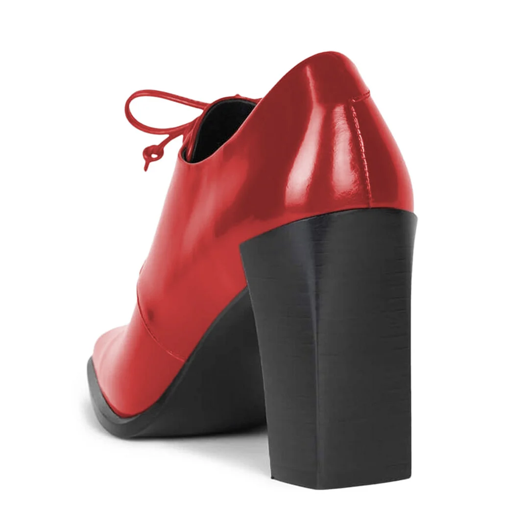 YDN Simple Red Patent Leather Square Toe Tie-Up Oxford Heels