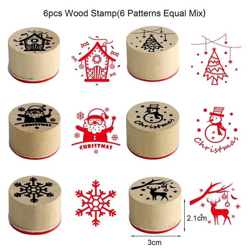Christmas Gift 6pcs Christmas Wood Rubber Stamps Santa Claus Deer Snowman Craft Round Wooden Stamp for DIY Scrapbooking Xmas Party Decoration