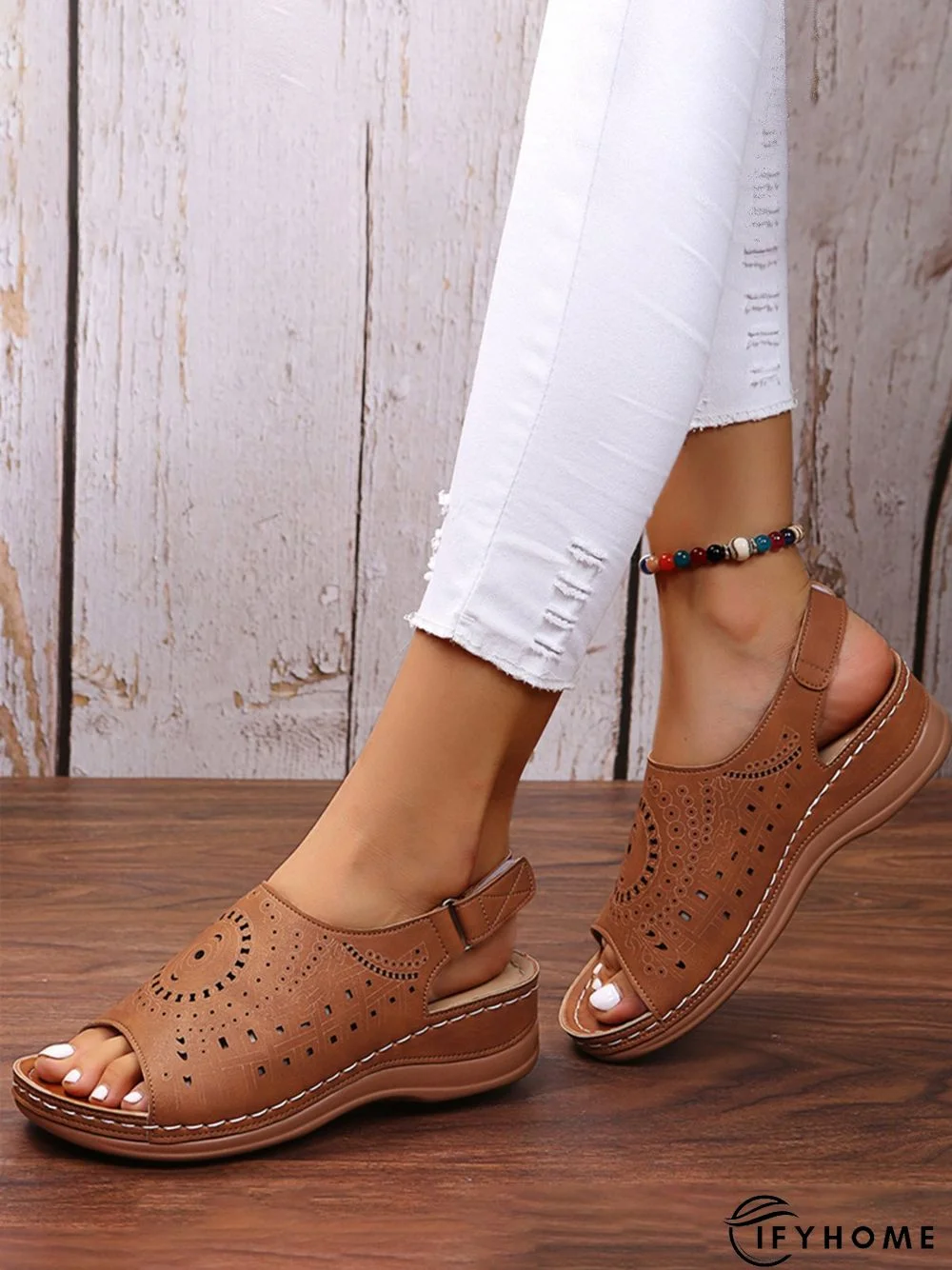 Ethnic Pattern Punched Hollow Velcro Vintage Sandals | IFYHOME