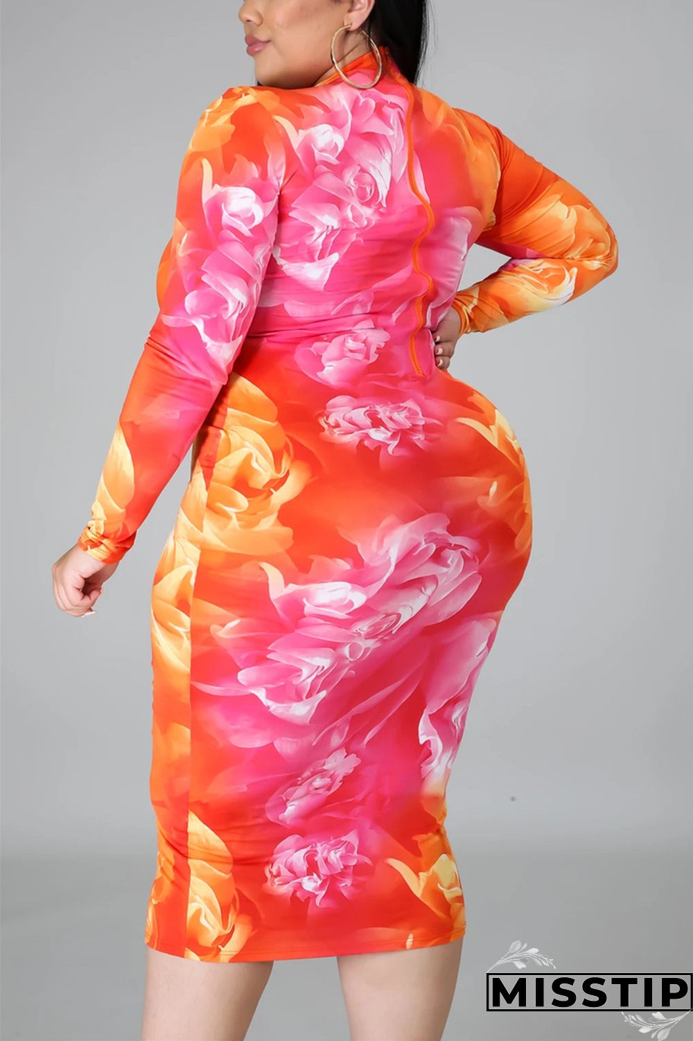 Red Fashion Casual Plus Size O Neck Long Sleeve Regular Sleeve Print Dress